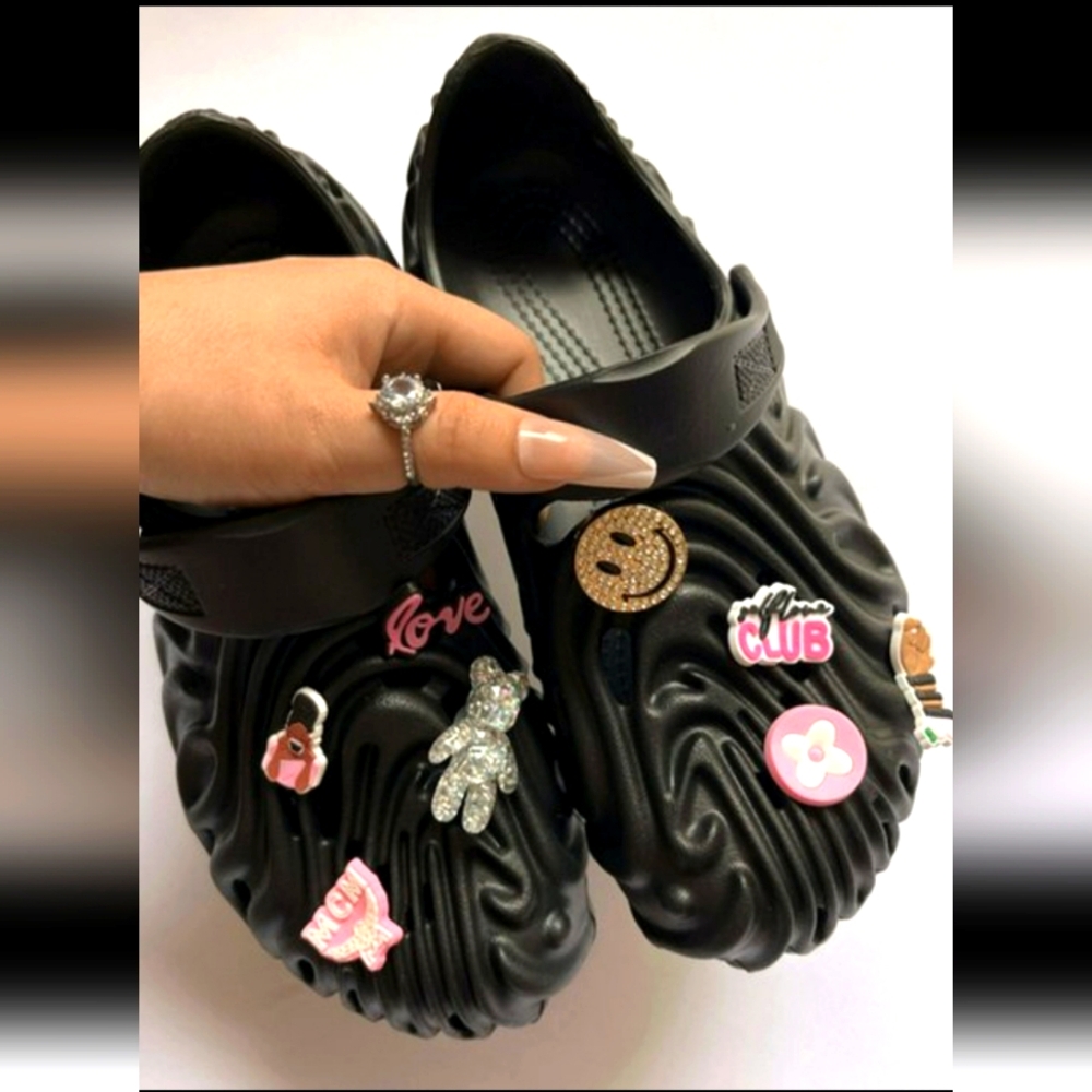 "Pink Charmed" black crocs